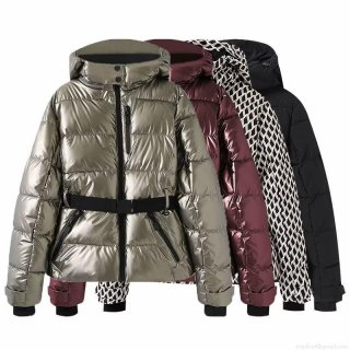 Women's Metallic Shiny Puffer Jacket Hooded Windproof Warm Winter Coat With Belt Slim Fit For Skiing Outdoor Streetwear