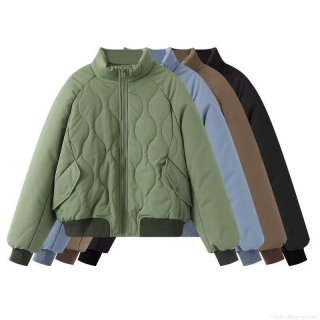 Women's Retro Quilted Pilot Jacket Padded Cotton Filled Oversized Stand Collar Puffer Coat Wave Quilted Warm Windproof Winter Outwear For Women Streetwear