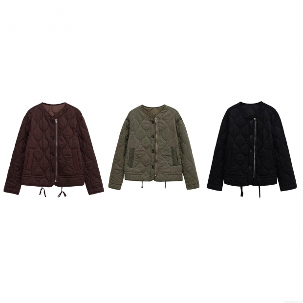 Women Casual Loose Quilted Cotton Padded Jacket Winter Round Neck Long Sleeve Outerwear Coat With Zipper And Buttons Streetwear For Ladies Polyester Warm