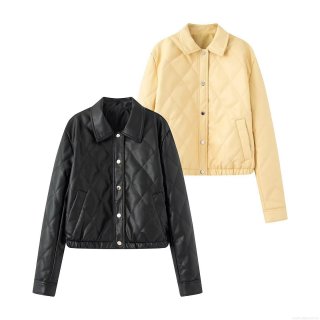 Women's Winter PU Leather Quilted Jacket Lapel Single Breasted Rhombus Padded Outerwear Long Sleeve Streetwear Warm Coat For Women