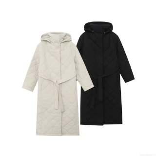 Women Long Hooded Diamond Quilted Puffer Coat With Belt Solid Color Polyester Padded Winter Jacket Warm Streetwear Outerwear For Women