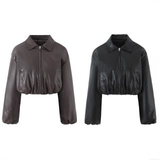 Women's PU Leather Short Padded Jacket Western Street Style Lapel Long Sleeve Cropped Winter Coat With Zipper And Pockets For Female