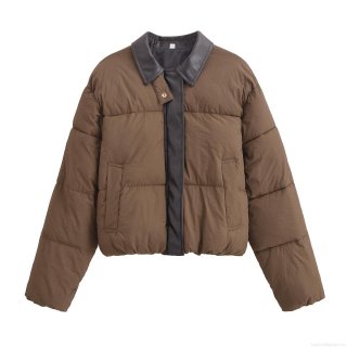 Women's PU Patchwork Padded Jacket Winter Quilted Short Coat With Turn-down Collar Loose Fit Warm Puffer Outerwear For Women Streetwear Solid Brown