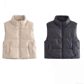 Women's Stand Collar PU Leather Quilted Vest Puffer Waistcoat Sleeveless Jacket Outerwear Autumn Winter Warm Streetwear Casual Zip Up Solid Color Short Gilet