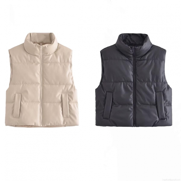 Women's Stand Collar PU Leather Quilted Vest Puffer Waistcoat Sleeveless Jacket Outerwear Autumn Winter Warm Streetwear Casual Zip Up Solid Color Short Gilet