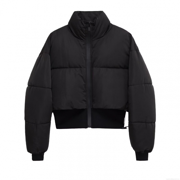 Women's Cropped Puffer Jacket Stand Collar Long Sleeve Quilted Cotton-padded Outerwear Loose Polyester Zipper Coat Streetwear Autumn Winter