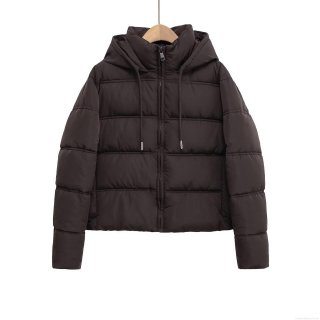 Women's Espresso Brown Hooded Padded Jacket Horizontal Quilted Zip Up Long Sleeve Warm Winter Puffer Coat With Drawstring Hood Ribbed Cuffs Casual Streetwear Outdoor Outerwear