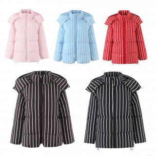 Women Winter Striped Hooded Cotton Padded Jacket Casual Warm Quilted Puffer Coat Outerwear With Zipper And Pockets For Daily Outdoor Fashion