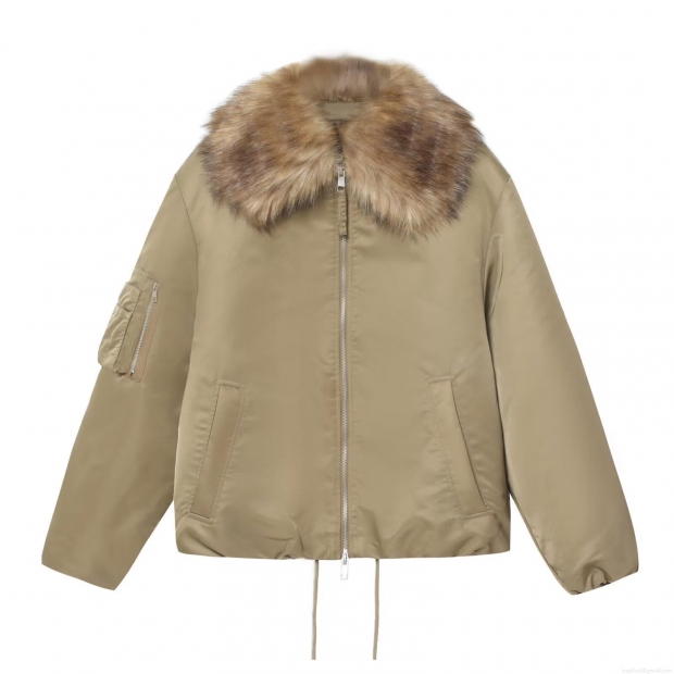 Women's Winter Khaki Puffer Jacket With Detachable Faux Fur Collar Long Sleeve Zipper Bomber Jacket Outerwear For Ladies Warm Casual Coat