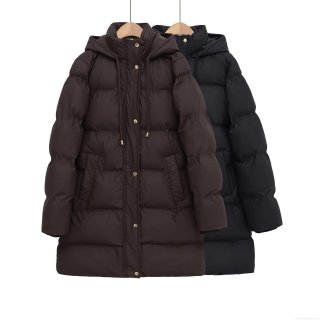 Women's Mid-Length Hooded Puffer Coat 100% Polyester Windproof Quilted Winter Cotton-Padded Jacket Streetwear Warm Outerwear With Zipper And Gold Buttons Closure