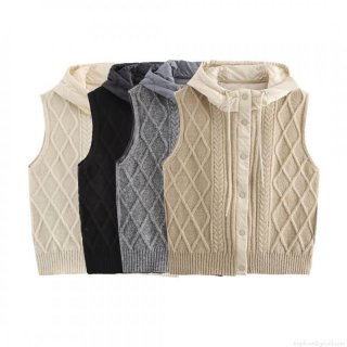 Women Retro Cable Knit Padded Spliced Hooded Vest Cardigan Winter Warm Diamond Quilted Knitwear Gilet Sleeveless Jacket For Women