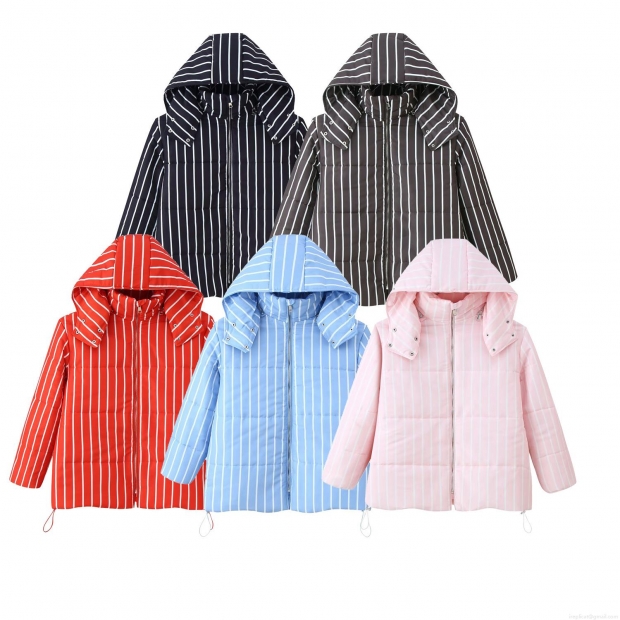 Women's Striped Hooded Padded Jacket Windproof Warm Polyester Outerwear For Autumn Winter Streetwear Casual Padded Coat With Drawstring