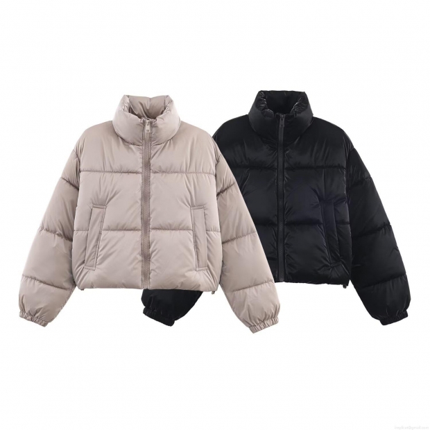 Women's Casual Loose Stand Collar Puffer Jacket Short Quilted Cotton-Padded Coat With Zipper Pockets Warm Windproof Autumn Winter Outerwear