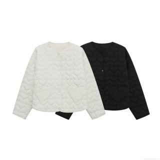 Women's Fashion Heart Quilted Padded Jacket Round Neck Long Sleeve Button Up Short Coat Polyester Padded Winter Warm Streetwear Outwear For Ladies
