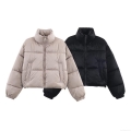 Women's Fashion Glossy Padded Jacket Water-repellent Windproof Stand Collar Winter Warm Quilted Coat Outerwear For Daily Casual Ladies