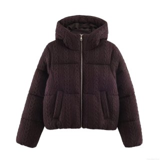 Women's Winter Fashion Casual Cable Knit Texture Hooded Cotton-Padded Jacket Loose Short Puffer Coat With Full Zip And Pockets Ladies Warm Outerwear