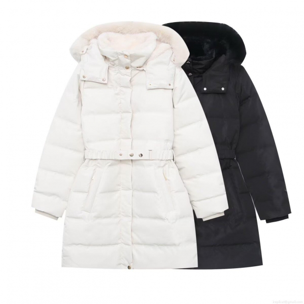 Women's Winter Parka Jacket Polyester Cotton-padded Hooded Coat With Faux Fur Collar And Waist Belt Mid-length Slim Warm Windproof Outerwear