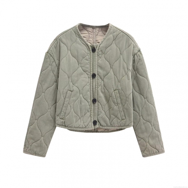 Women's Casual Quilted Jacket Vintage Washed Padded Coat With Round Neck Warm Lightweight Puffer Outerwear For Lady Winter Daily Wear