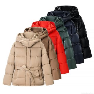 Women's Winter Glossy Puffer Jacket Hooded Windproof Cotton Coat With Belt Solid Color Warm Quilted Outerwear For Ladies Casual Fashion