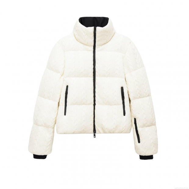 Women's Casual Puffer Jacket Thick Warm Polyester Padded Coat With Cable Knit Texture High Stand Collar Windproof Ski Wear For Winter Women White Black Zipper