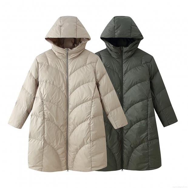 Women's Casual Long Quilted Padded Jacket With Hood Winter Warm Polyester Puffer Coat Solid Color Loose Fit Full Zip Hooded Outerwear For Ladies