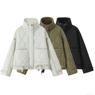 Women's Loose Quilted Padded Jacket Casual Stand Collar Windproof Cotton Coat With Drawstring Hem Autumn Winter Outerwear