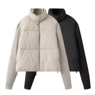 Women's Winter Casual Knit Patchwork Padded Jacket Stand Collar Windproof Warm Cotton Puffer Coat Fashion Beige Black Outerwear For Ladies