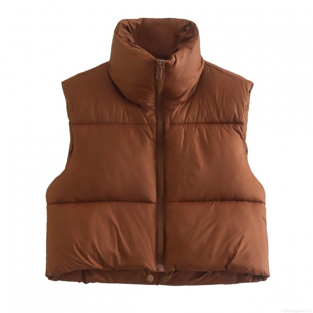 Women's Casual Cropped Puffer Vest Stand Collar Quilted Sleeveless Jacket With Zipper Pockets Drawcord Hem Solid Color Warm Winter Vest