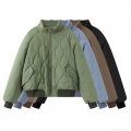 Women's Quilted Bomber Jacket Stand Collar Loose Fit Padded Outwear Casual Winter Warm Zip Up Coat With Pockets For Ladies