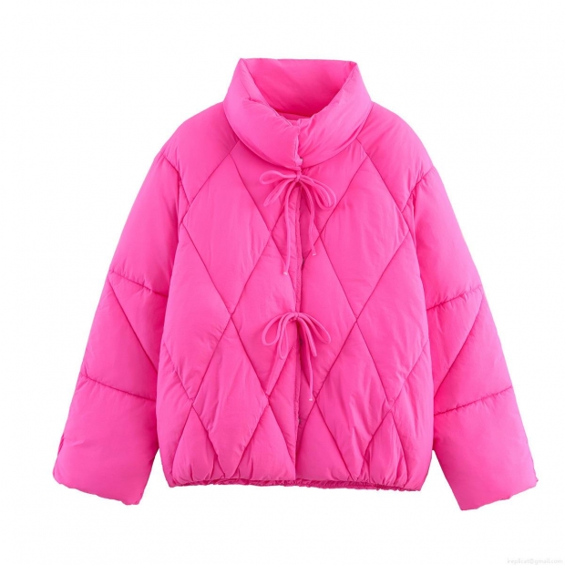 Women Sweet Pink Rhombus Quilted Padded Jacket Fashion Stand Collar Bow Tie Decoration Loose Short Winter Cotton Coat For Daily Wear