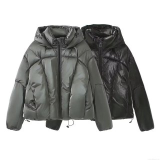 Women's Shiny Metallic Puffer Jacket Hooded Loose Quilted Padded Parka Warm Winter Outerwear Casual Zip-Up Bread Coat With Drawstring