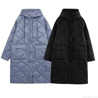 Women's Fashion Leisure Long Diamond Lattice Quilted Hooded Cotton-padded Jacket Loose Warm Winter Puffer Coat Windproof Padded Outwear With Pockets