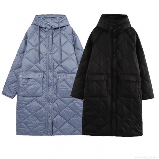 Women's Fashion Leisure Long Diamond Lattice Quilted Hooded Cotton-padded Jacket Loose Warm Winter Puffer Coat Windproof Padded Outwear With Pockets