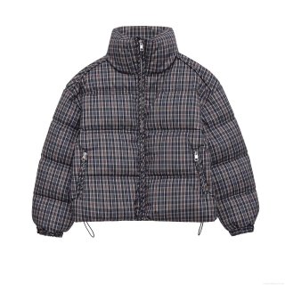 Women's Plaid Puffer Cotton Jacket Stand Collar Zipper Quilted Coat With Adjustable Drawstring Hem Long Sleeve Casual Winter Warm Outwear For Daily Wear