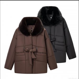 Women's Padded Puffer Jacket With Detachable Faux Fur Collar Thickened Quilted Winter Coat With Bow Tie Belt Mid-Length Warm Windproof Outwear For Women
