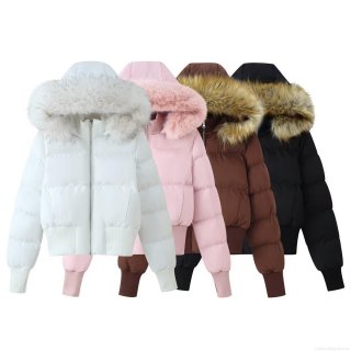Women's Winter Hooded Cotton Padded Jacket With Faux Fur Collar Knit Patchwork Thumb Hole Cuffs Windproof Warm Loose Fit Coat