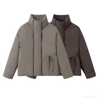 Women's Casual Winter Quilted Padded Jacket Stand Collar Lace-up Windproof Polyester Puffer Outerwear For Daily Warmth Solid Color Short Coat