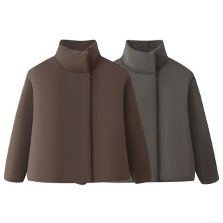 Women's Winter Short Padded Jacket Stand Collar Concealed Button Solid Color Warm Cotton Coat Casual Outerwear For Ladies