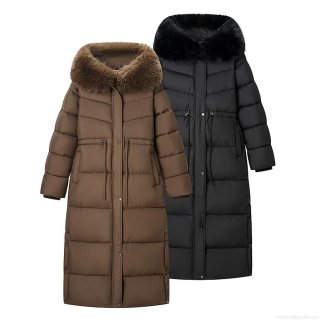 Women's Long Puffer Coat Quilted Winter Jacket With Faux Fur Hood Drawstring Waist Thick Warm Cotton Padded Parka Over-the-knee Hooded Outerwear