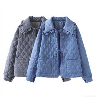 Women's Lightweight Diamond Quilted Jacket With Ruffle Collar Casual Loose Tie-up Padded Coat Cotton Blend Long Sleeve Outerwear For Autumn Winter