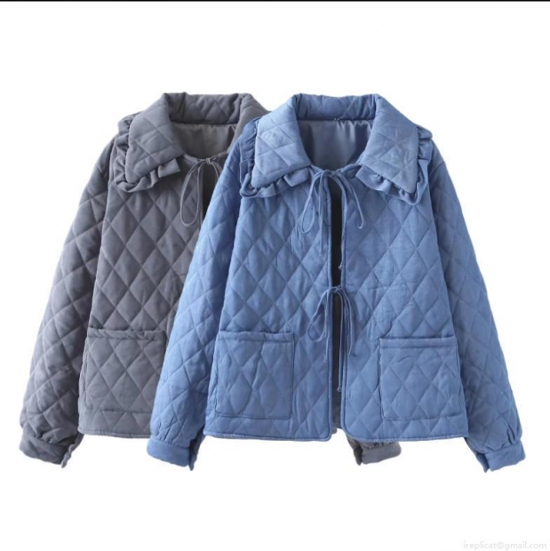 Women's Lightweight Diamond Quilted Jacket With Ruffle Collar Casual Loose Tie-up Padded Coat Cotton Blend Long Sleeve Outerwear For Autumn Winter