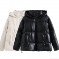 Women's Faux Leather Puffer Jacket Hooded Quilted Winter Coat Warm Zip-Up Oversized Solid Color PU Leather Padded Outerwear For Women