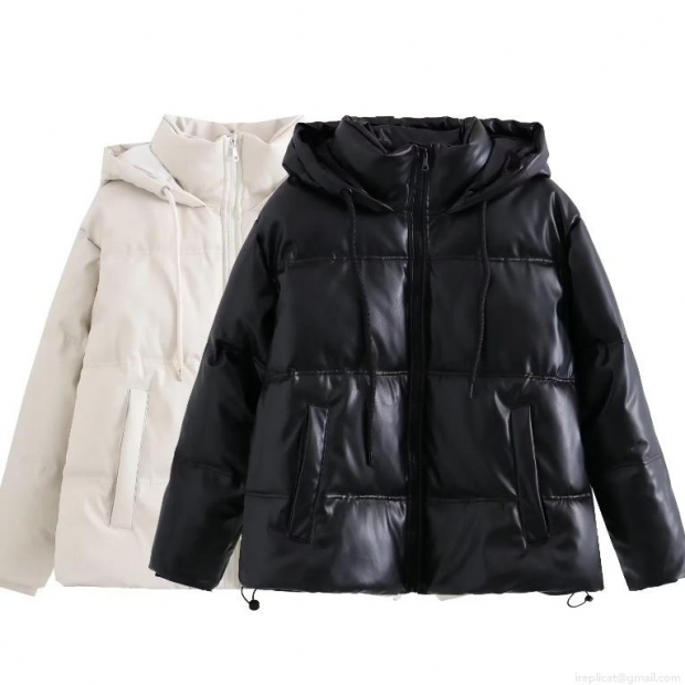 Women's Faux Leather Puffer Jacket Hooded Quilted Winter Coat Warm Zip-Up Oversized Solid Color PU Leather Padded Outerwear For Women