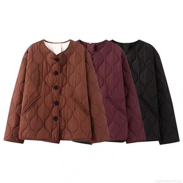 Women's Casual Quilted Cotton Jacket Vintage Wave Pattern Button Up Long Sleeve Round Neck Lightweight Puffer Outerwear For Fall Winter Women Clothing