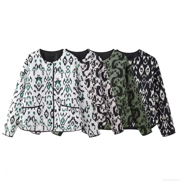 Women's Ethnic Print Quilted Padded Jacket Round Neck Button Up Lightweight Warm Outerwear Retro Bohemian Geometric Print Long Sleeve Autumn Winter Coat With Pockets