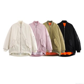 Women's Loose MA-1 Flight Bomber Jacket Padded Cotton Coat With Pocket Windproof Casual Streetwear Outerwear For Autumn Winter