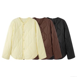 Women's Lightweight Quilted Padded Jacket 100% Polyester Wave Stitching Crew Neck Long Sleeve Coat Fall Winter Casual Vintage Warm Button Top