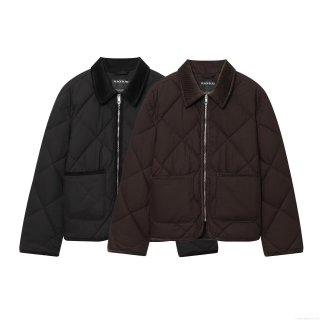 Women's Retro Diamond Quilted Jacket With Corduroy Collar Casual Long Sleeve Zip Up Puffer Coat Polyester Cotton Outerwear With Pockets For Autumn Winter