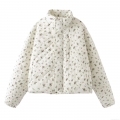 Women Quilted Floral Jacket Cotton Padded Puffer Coat Vintage Stand Collar Short Ethnic Style Outerwear For Lady Casual Warm Autumn Winter