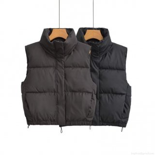 Women Stand-up Collar Puffer Vest Sleeveless Quilted Padded Gilet Warm Windproof Polyester Winter Waistcoat Casual Streetwear Short Outerwear With Drawstring Hem Solid Color